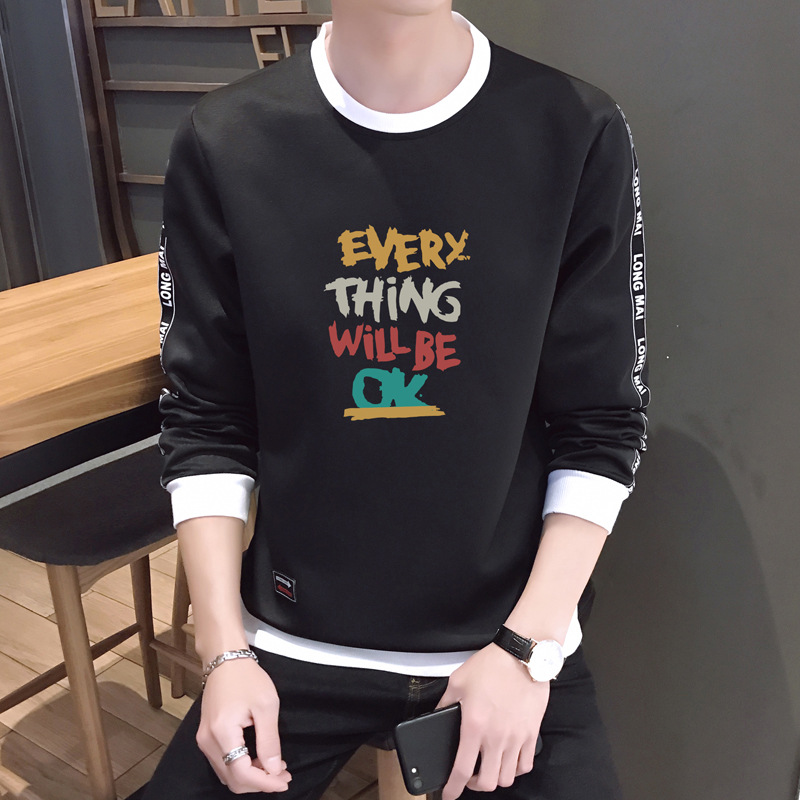 18新款秋冬韩版修身织带男卫衣 套装假两件卫衣字母OK款