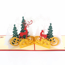 厂家批发3D立体贺卡手工纸雕圣诞圣诞麋鹿立体创意纸雕镂空贺卡