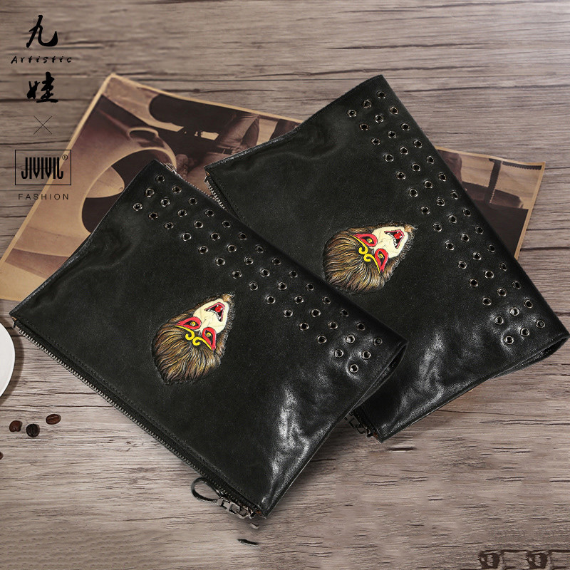 JIVIVIL真皮手包男士手拿包复古手抓包头层牛皮商务男包一件代发