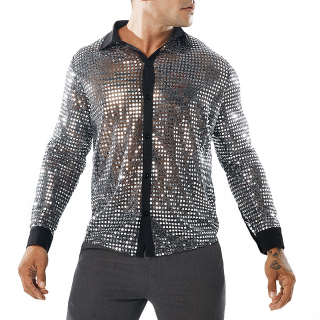 Men’s Dot Scale Night Shop Men’s Long-sleeved Turn-collar Shirt