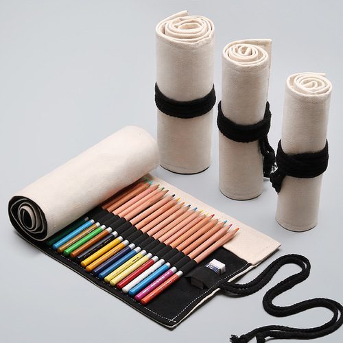 Solid color handmade canvas colored pencil curtain, special storage bag for sketching and painting, large capacity pencil bag for boys and girls