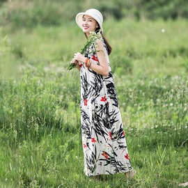 棉麻女装夏季连衣裙中国风图案印花长裙系带收腰显瘦度假风连身裙