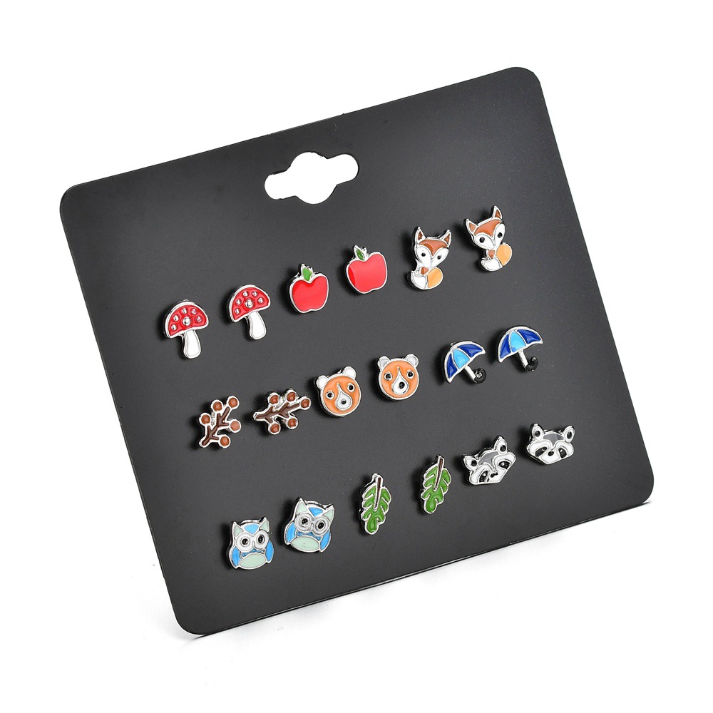 Korean New Fashion 9 Pair Board Fruit Cute Small Animal Earrings Yiwu Nihaojewelry Wholesale display picture 2