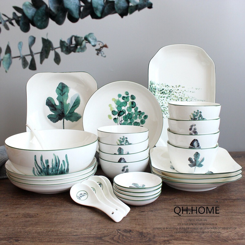 Green Plant Ceramic Tableware Dishes and Spoons Set Nordic Style Dishes and Dishes Combination 4-Person/6-Person Simple Japanese Bone China