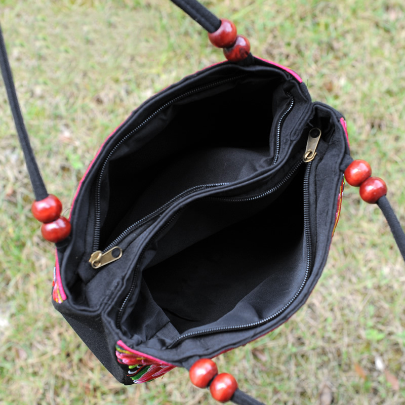 2024 nuevo bolso de cuentas de madera de doble capa portátil de mediana edad y ancianos bolso de bordado de estilo étnico bolso de lona portátil de un solo hombro bordado