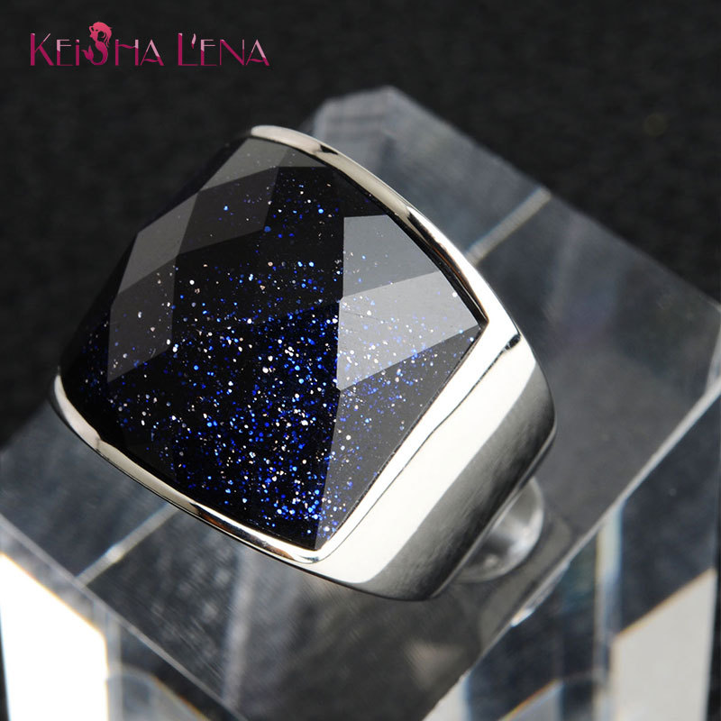 Executive Finger Titanium Steel Artificial Gemstone Ring Faceted Curved Agate Diamond Stainless Steel Ring Men's Finger Blue Sandstone Ring
