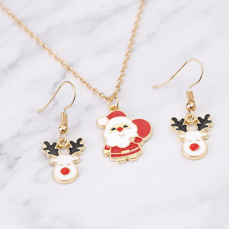 European And American New Ladies Christmas Drip Series Bell Snowman Wreath Santa Claus Necklace And Earrings Suite display picture 93