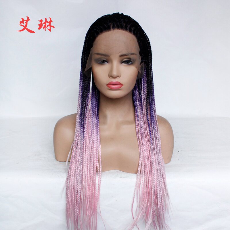 Black gradient purple gradient pink three-strand small dirty braid wig chemical fiber front lace half hand hook head cover