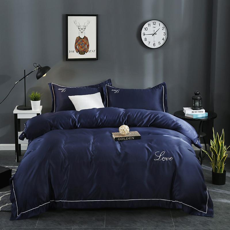 欧式轻奢简约纯色绣花 水洗真丝四件套 床单床笠酒店宾馆家用批发|ru