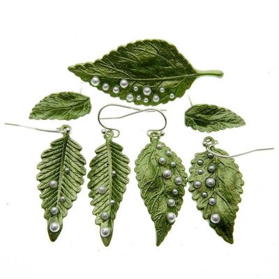 配饰 Vintage 女款合金绿色烤漆树叶系列珍珠胸针耳钉耳钩925银耳|ms