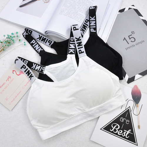 PINK English letters sling sports bra, tube top with chest pad, letters, beautiful back and chest pink underwear