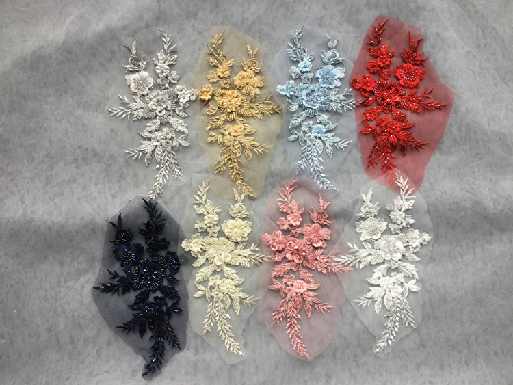共11色纯手工订珠多色蕾丝花贴 蕾丝花朵 钉珠蕾丝面料花片