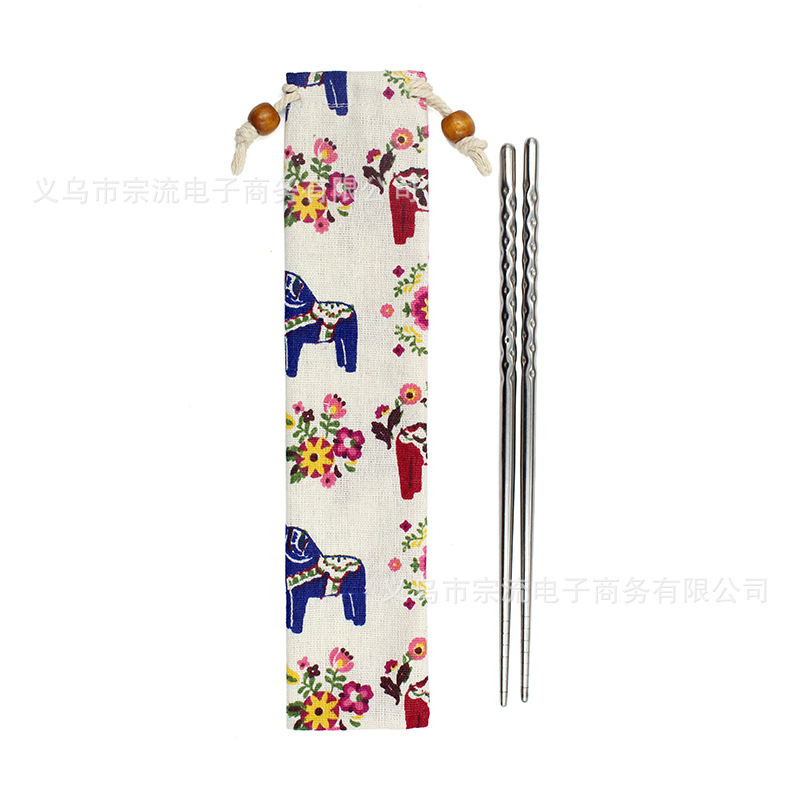 卡通马儿花型筷子收纳袋便携包装棉麻布束口袋餐具收纳袋香筒袋