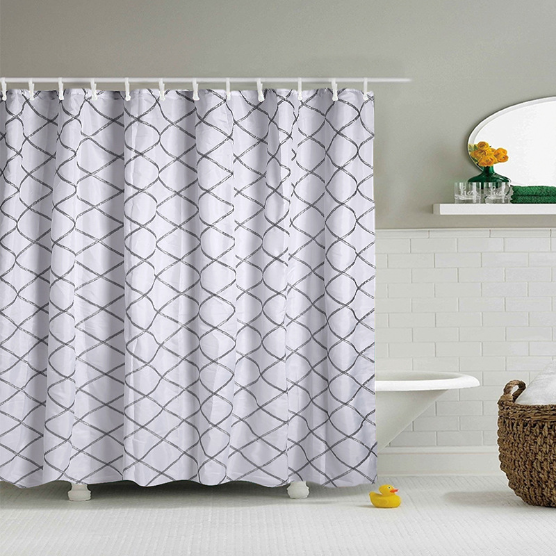 纯白浴帘花手工格子银色浴帘 防水防霉浴帘 厂家直销 来图定制