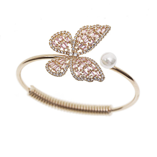 New Japanese and Korean Fashion Open-Adjustment Bracelet with Pink Zirconia and Hollow Pearl Butterfly Bracelet