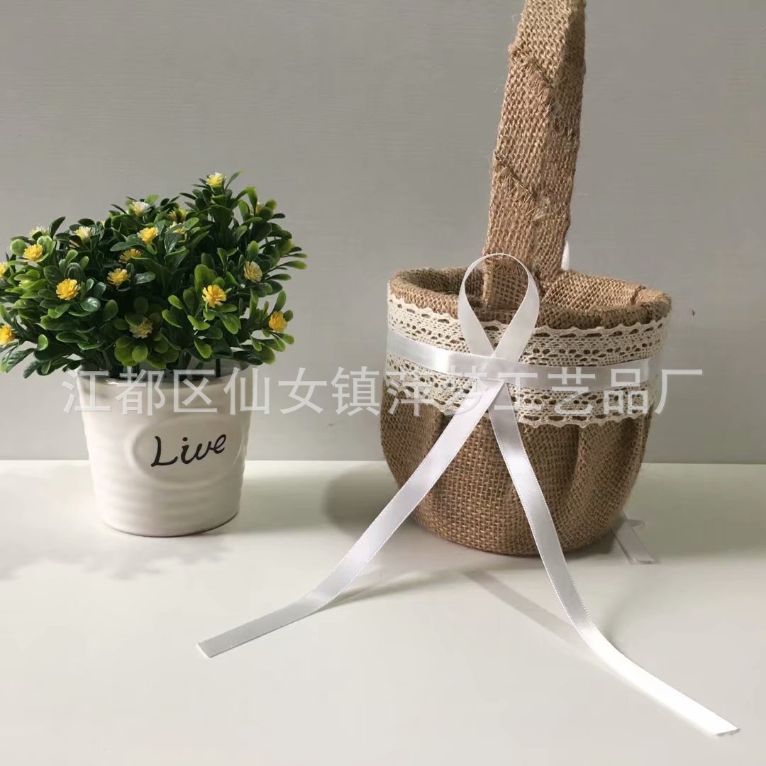 简约典雅白色蕾丝  白色丝带蝴蝶结 麻料花篮