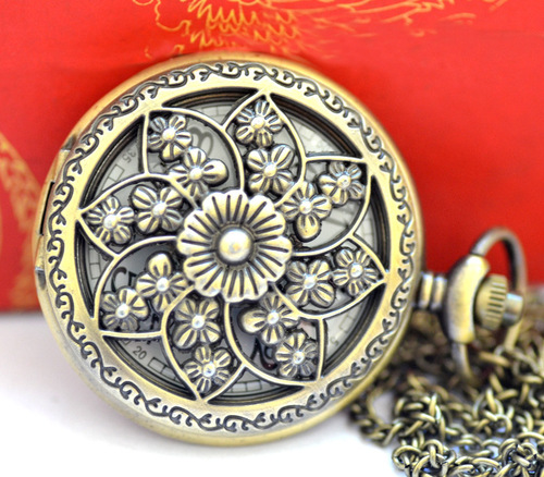 Rimless floral pattern cross-border large bronze color pocket watch, maple quartz pocket watch 8186