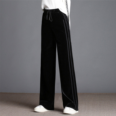 秋季2020新款百搭时尚韩版显瘦饰织带宽松女士丝绒阔腿长裤D82