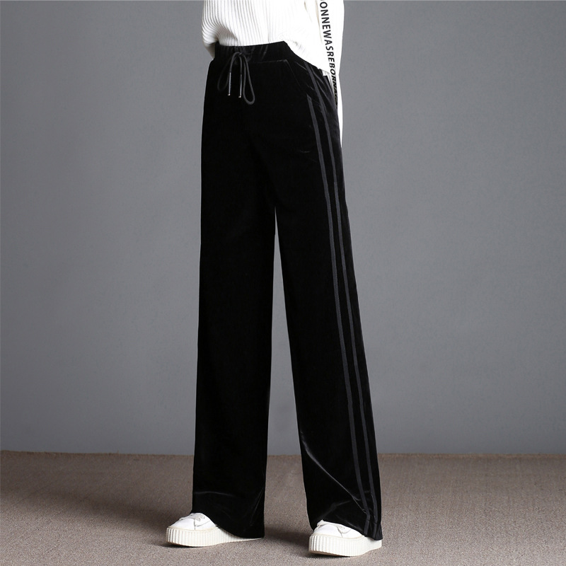 秋季2020新款百搭时尚韩版显瘦饰织带宽松女士丝绒阔腿长裤D82