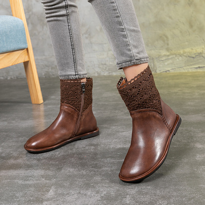 The beauty of convergence 2018 Autumn and winter new pattern Riding boots Retro manual genuine leather Latest fashion knitting Mosaic Flat bottom lady Bootie