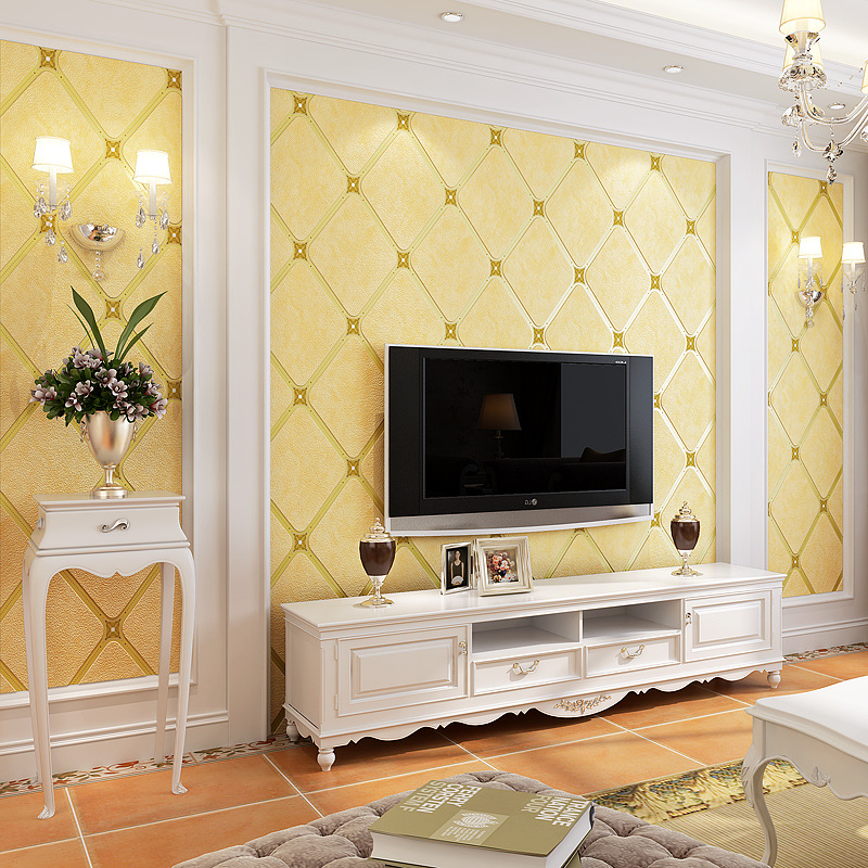 家装欧式无纺布墙纸立体菱格软包鹿皮绒卧室客厅3d电视背景墙壁纸|ms
