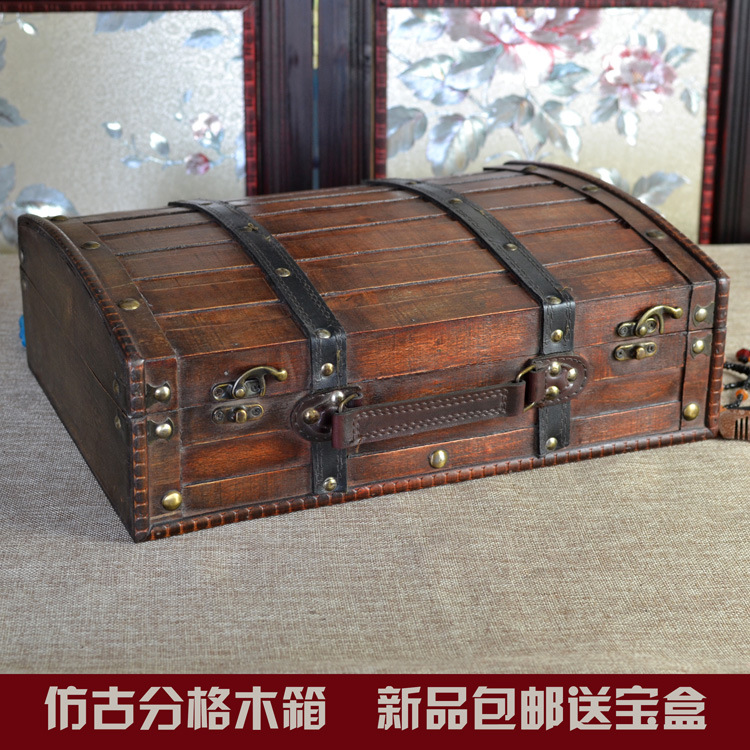 仿古木箱带分格复古木质宝箱手提箱手工做旧藏宝箱创意展示陈列箱-阿里巴巴