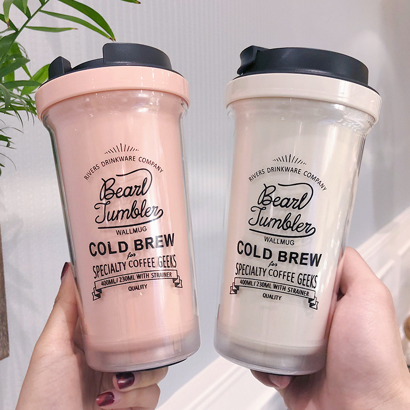 韩国潮牌梨花男女士塑料水杯子创意双层隔热带茶漏学生原宿随手杯