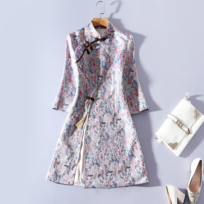 2019秋装新款女装提花改良旗袍复古时尚优雅A字连衣裙日常七分袖|ru