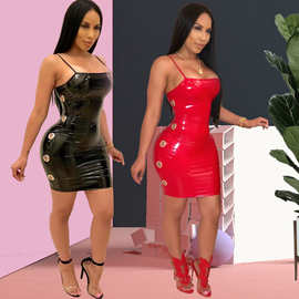 2018速卖通亚马逊欧美外贸 性感女装吊带PU皮裙 绷带裙