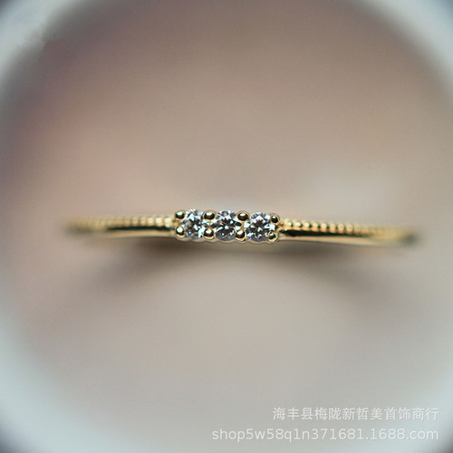 S925 sterling silver plated 14k gold Japanese style minimalist three zirconium diamond basic gold women's ring commuting style