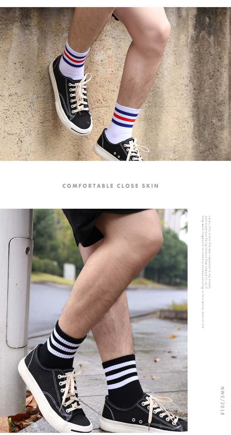 Étal de rue quatre saisons nouvelles chaussettes étudiantes à trois bandes chaussettes mi-mollet polyvalentes chaussettes de sport rayées fabricant pour hommes adultes en gros_voghion.com