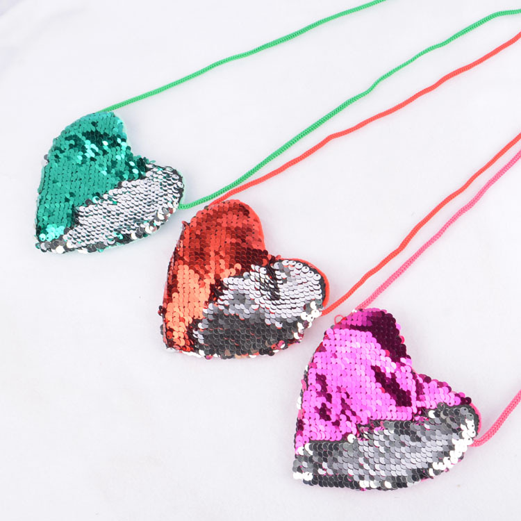 Sequins Fashion Element Zipper Closure Type Single Shoulder Strap Strap Type Women's Heart Shape Pu Leather Sequins Zipper Coin Purses