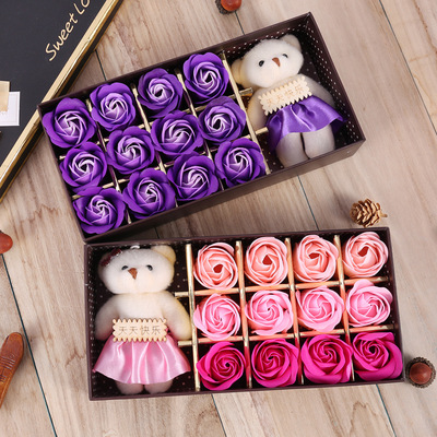 母亲礼品12朵仿真玫瑰香皂花礼盒小熊三八教师节生日礼物一件代发
