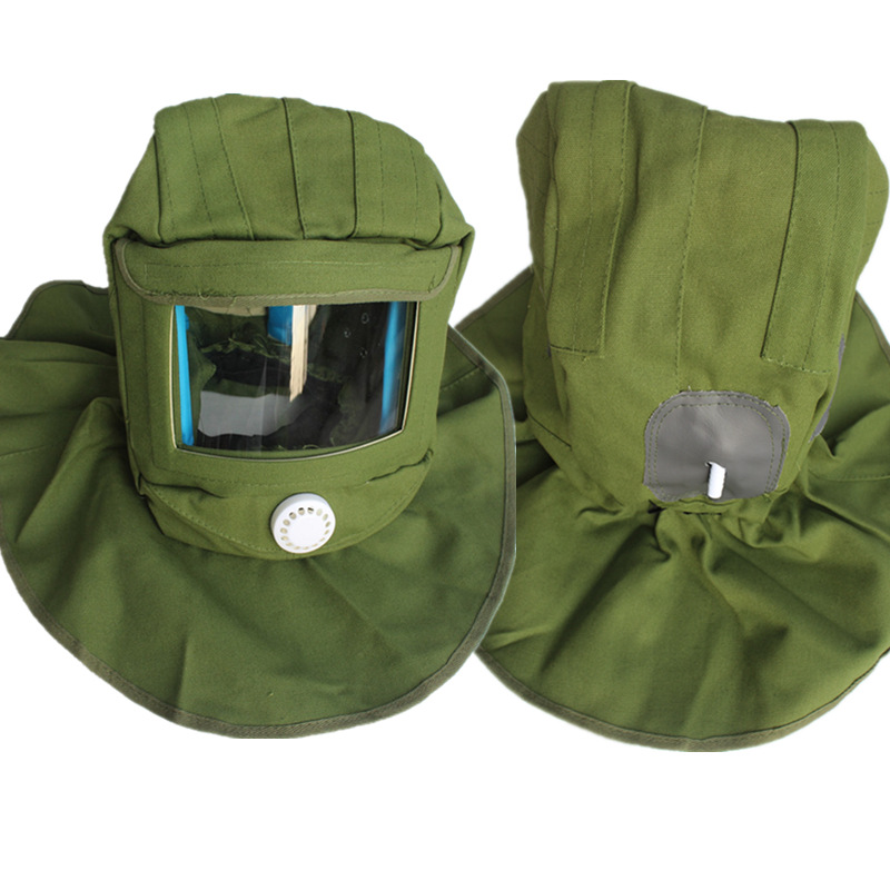 喷砂帽 加厚帆布草绿帽披肩防尘船厂打磨喷砂头部面部保护防护帽