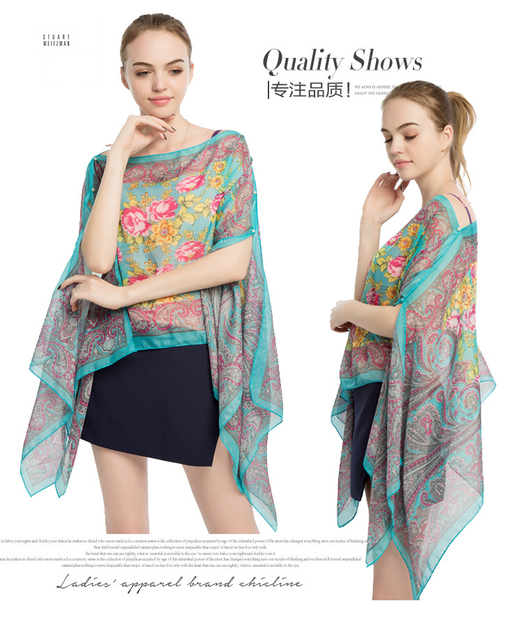 印花雪纺丝巾 珍珠扣防晒披肩批发 海边沙滩巾