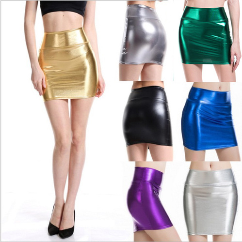 Women jazz night club bar stage performance mini skirts PU bag hip skirt bronzing female short skirt one-step skirt
