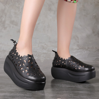 The beauty of convergence 2018 Summer and fall New products genuine leather Increase The thickness of the bottom Women's Shoes Original manual Retro Hollow Carved Single shoes