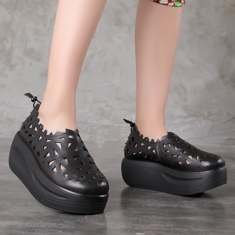 The beauty of convergence 2018 Summer and fall New products genuine leather Increase The thickness of the bottom Women's Shoes Original manual Retro Hollow Carved Single shoes