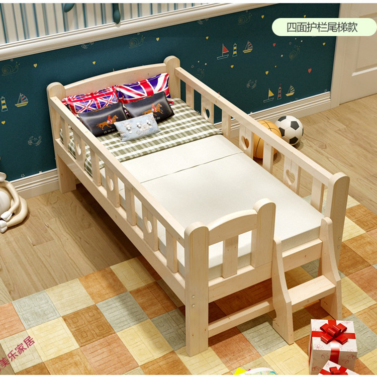 Solid wood children's bed with guardrail Single bed pine cartoon cartoon crib boys and girls widen the stitching wooden bed wholesale