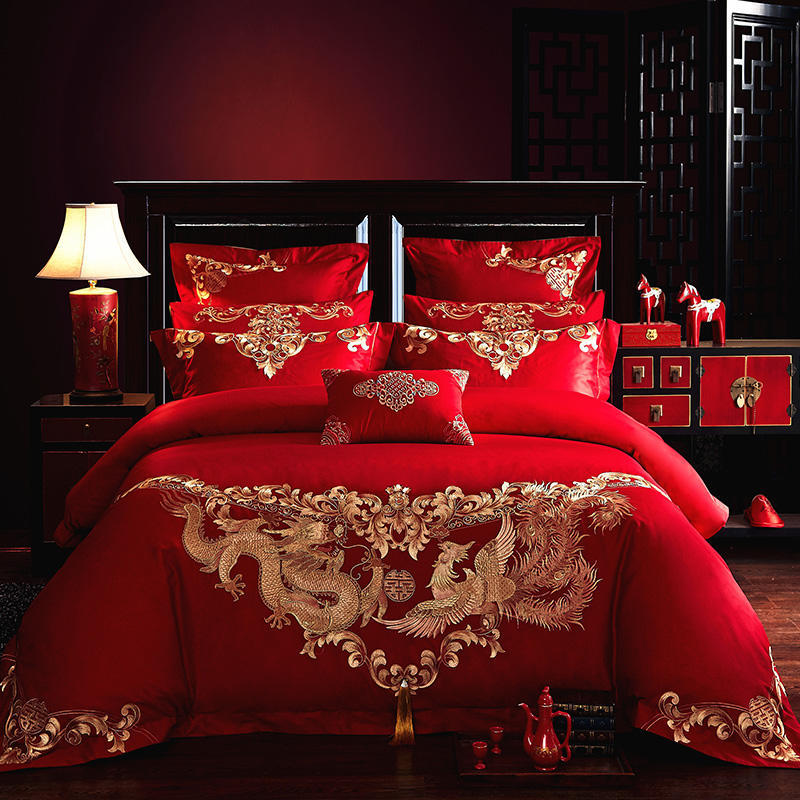 厂家直销 婚庆四件套纯棉龙凤刺绣大红床上用品4件套6/七件套批发