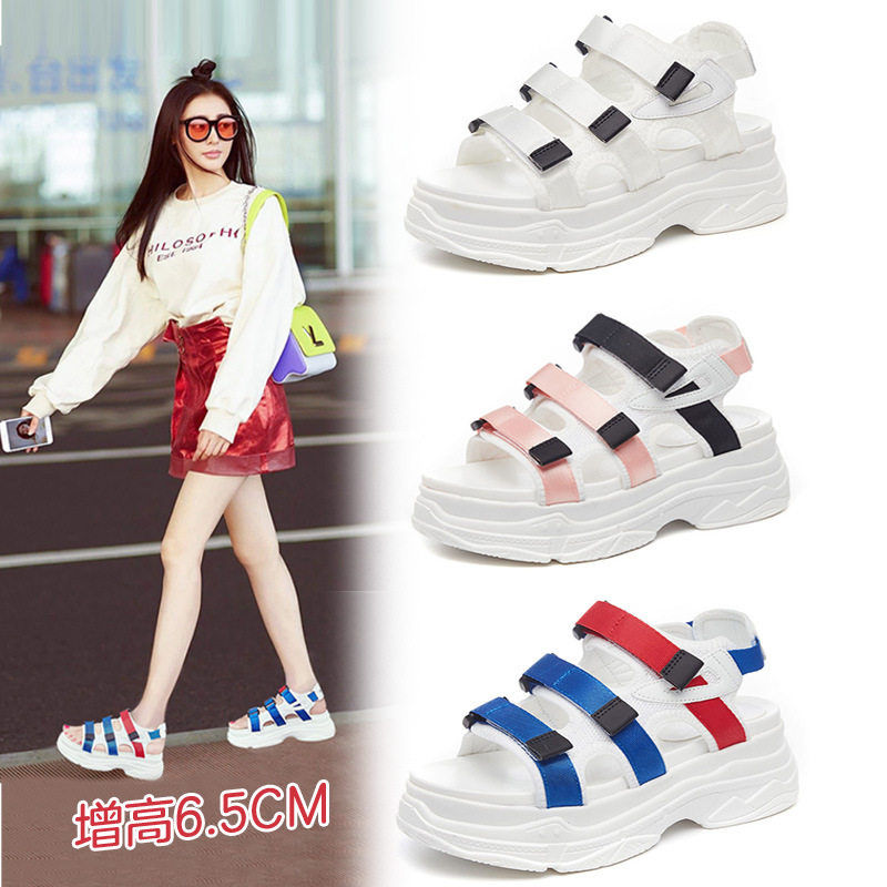 凉鞋女鞋夏季2018新款韩版松糕厚底拼色魔术贴休闲外穿沙滩鞋学生