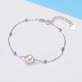 S925纯银手链女 韩版时尚简约双链珍珠手饰品 DIY水晶节日礼物