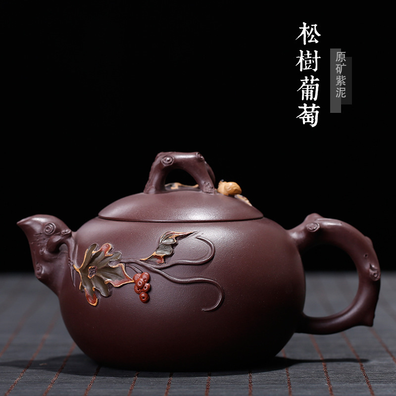 宜兴紫砂壶原矿老紫泥松鼠葡萄纯手工花货彩绘名家茶具厂家直销