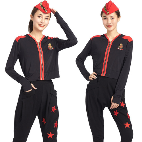 Spring new sailor dance short coat long-sleeved hooded square dance team performance clothing small cardigan anti-tank shirt
