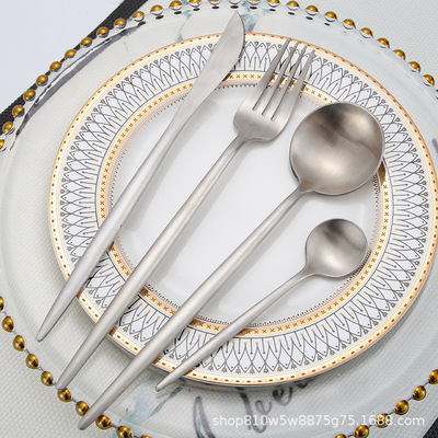 厂家直销304不锈钢刀叉勺葡萄牙西餐具4件套尖柄刀叉勺套装牛排刀|ms