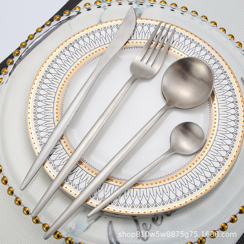 厂家直销304不锈钢刀叉勺葡萄牙西餐具4件套尖柄刀叉勺套装牛排刀|ms