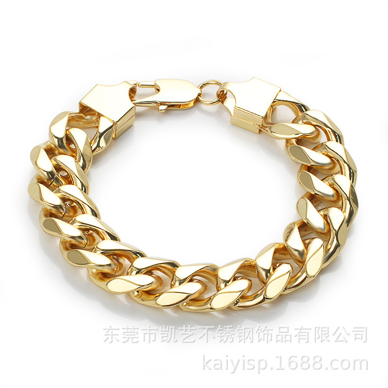 Factory direct European and American trend single woven six-sided polished bracelet polished 14K gold personality men's stainless steel bracelet