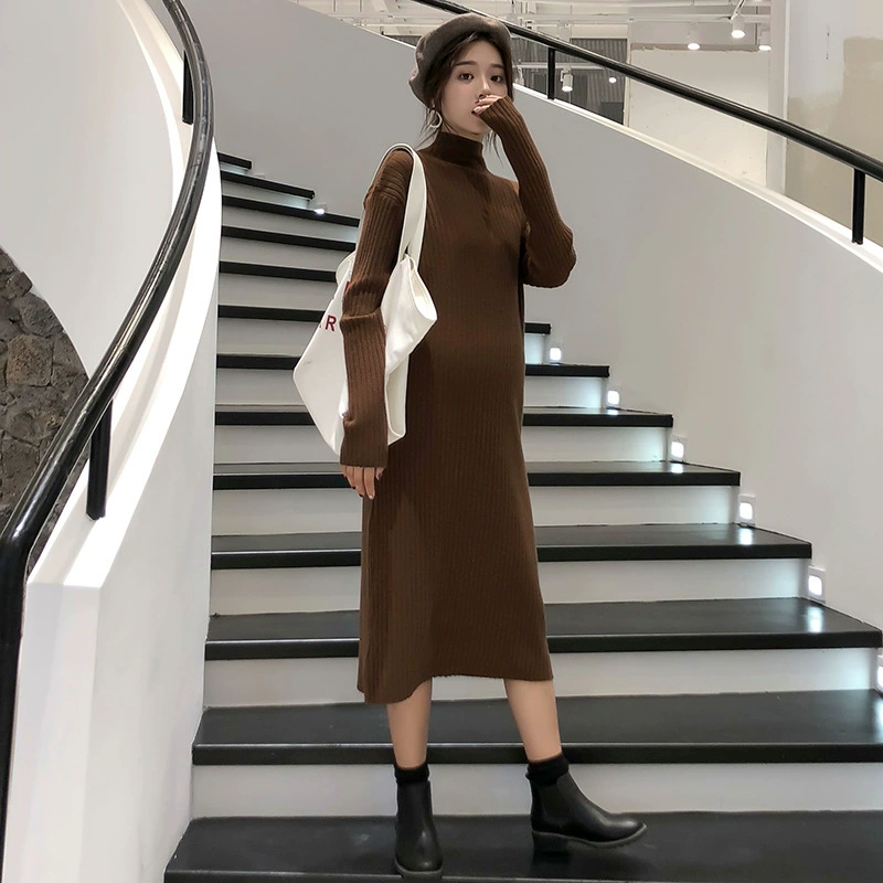 [Распродажа без возврата или обмена] Новое платье для беременных корейский стиль Стенд воротник материнства свитер юбка свободная плюс размер стрейч