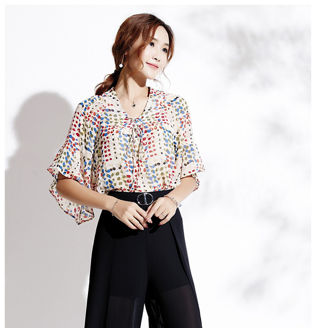 Fashionable Sweet Printed Tied Chiffon Lotus Edge Shirt