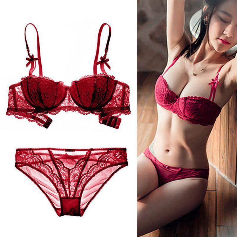Sexy Lace Thin Section Small Chest Gathered Half Cup Bra Wine Red Underwear Suit Female Summer